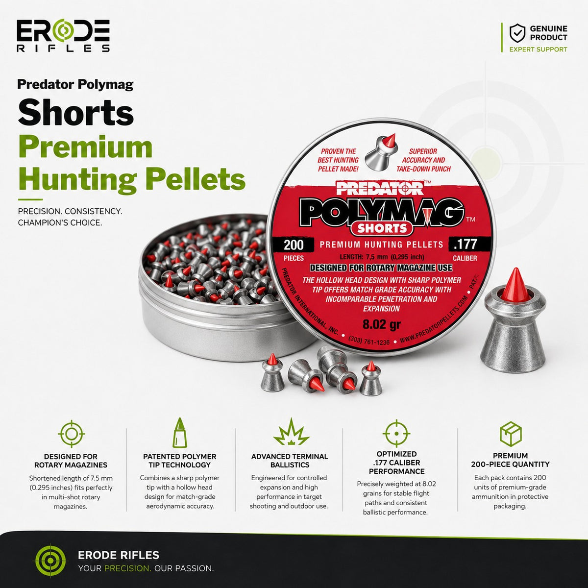 JSB Predator Polymag Shorts 8.02 Gr Airgun Pellets